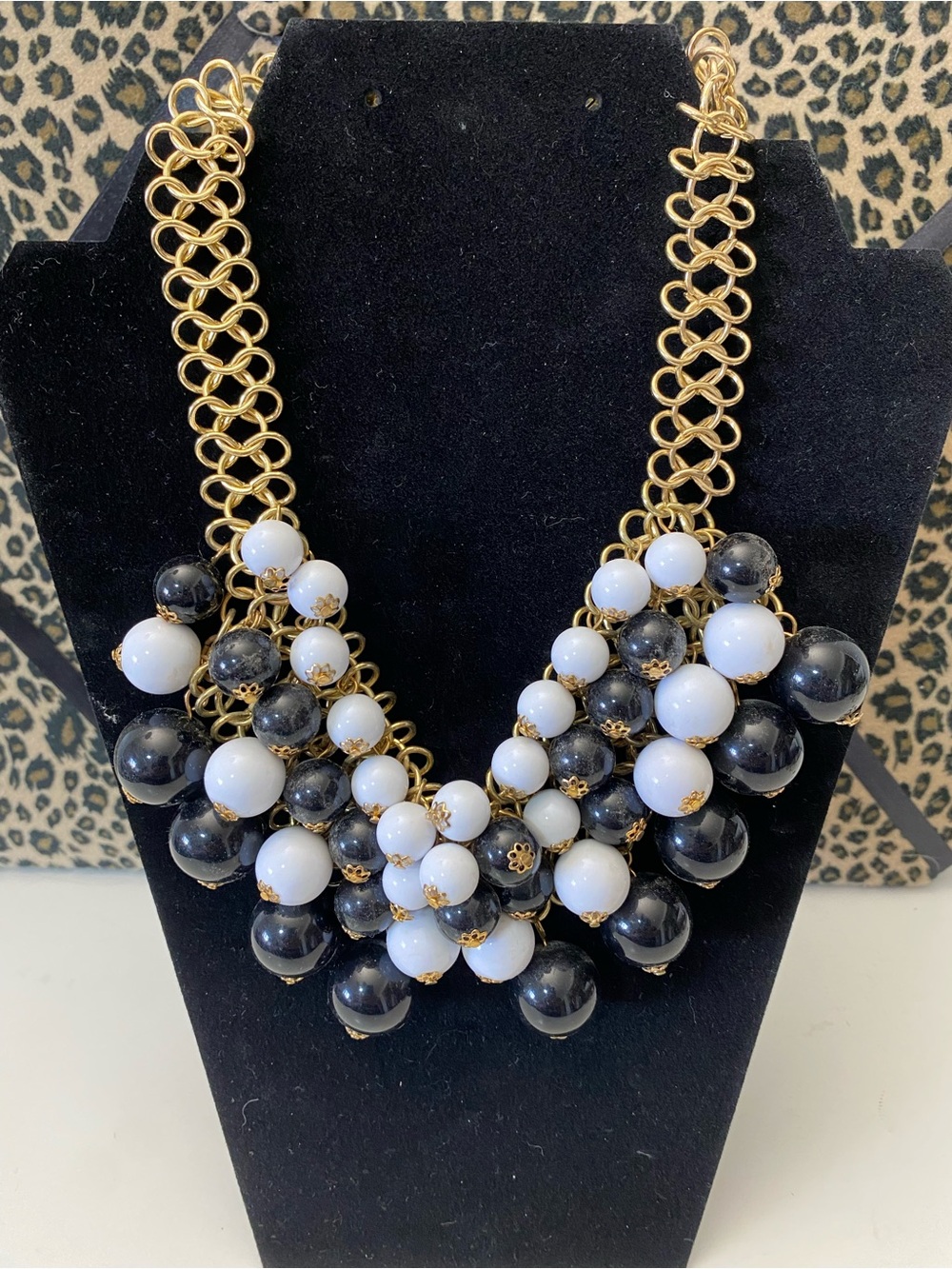 Black & White Beaded Statement Bib Gold-Tone Cluster Chain Collar Necklace